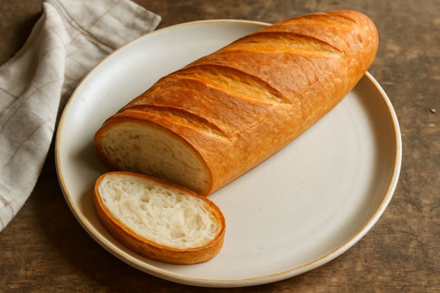 Filone aretino intero su tavolo di legno, crosta dorata e screpolata, tagliato a metà per mostrare la miga bianca e soffice, con gocce d'acqua sulla superficie