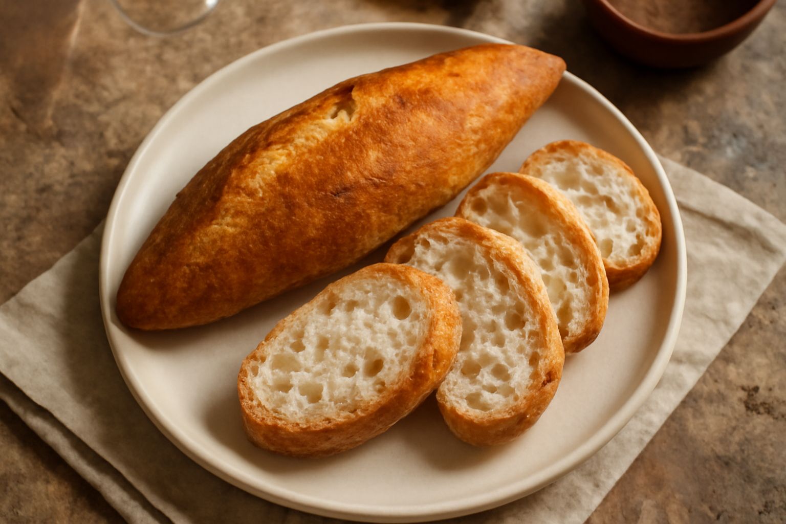 Filone ascolano appena sfornato, pane allungato con crosta marrone dorata, tagliato in due parti che mostrano la mollica bianca e soffice con alveoli irregolari, appoggiato su una tavola di legno