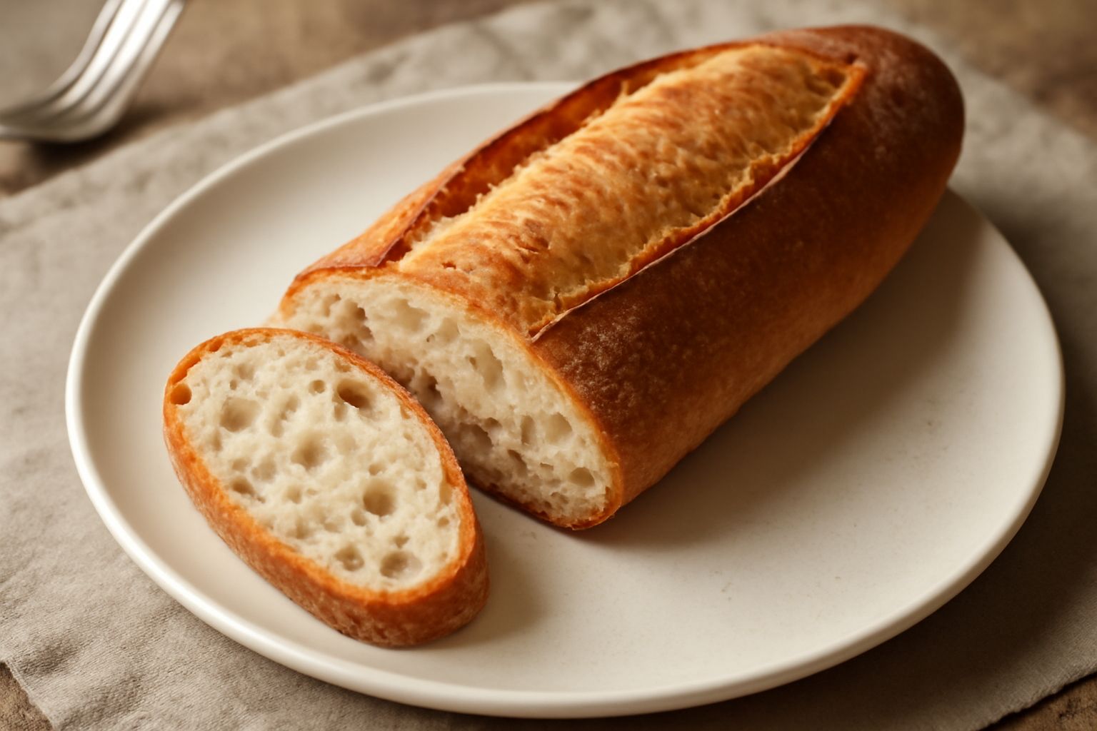 Un filone barese intero su un tavolo di legno, dalla crosta dorata e leggermente screpolata, affettato a metà con la miga bianca e alveolata visibile, accanto a chicchi di grano sparse