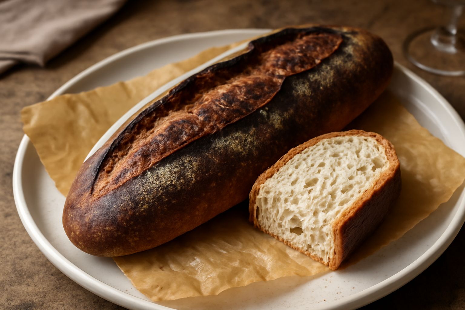 Filone bresciano intero su tavolo di legno, crosta dorata e scura, fetta tagliata che mostra miga bianca e alveolata, accanto spighe di grano e un coltello da pane