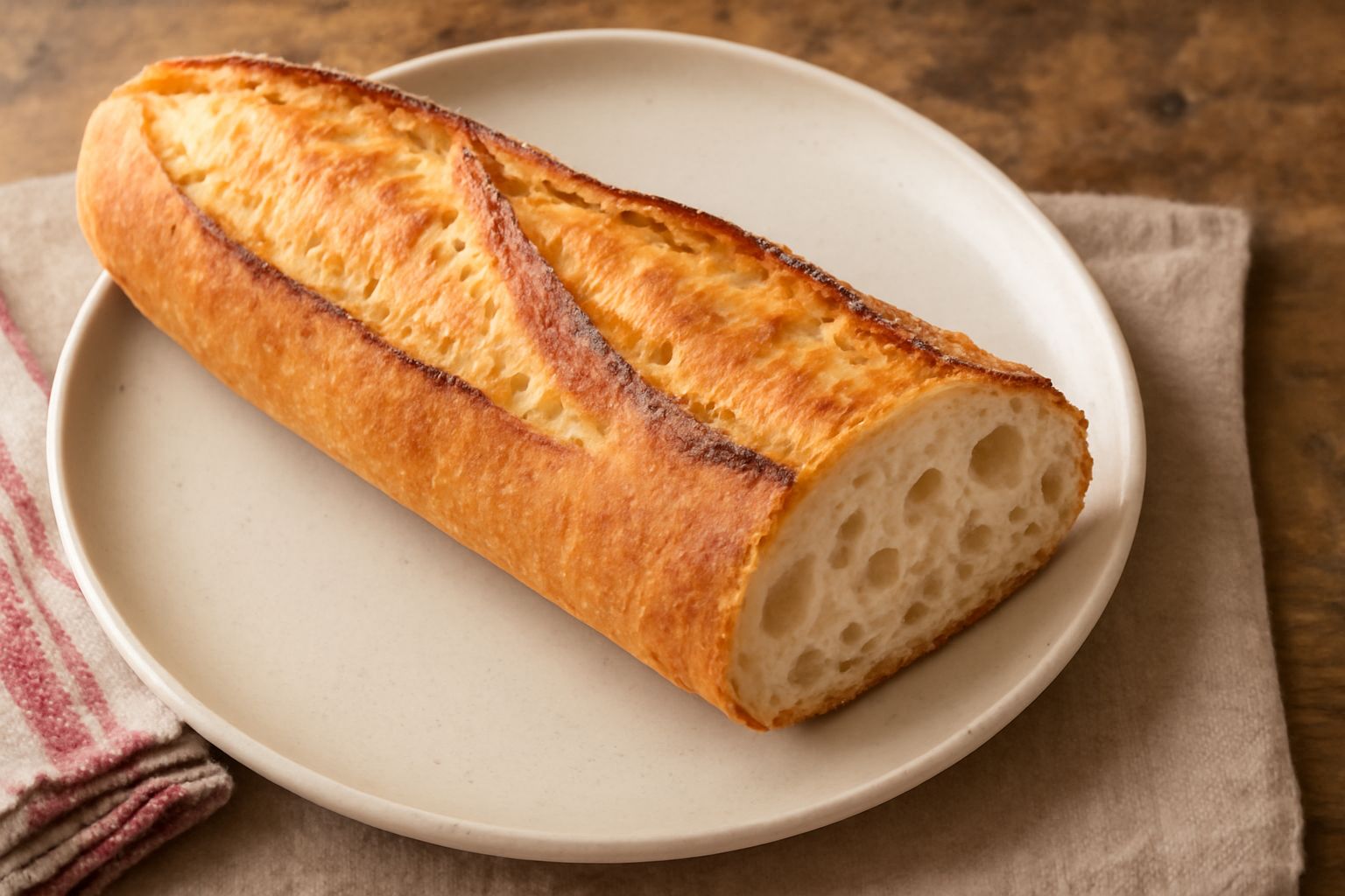 Filone di pane allungato con crosta dorata e screpolata, tagliato a metà per mostrare l'interno bianco-panna e poroso, poggiato su tavolo di legno con qualche chicco di frumento