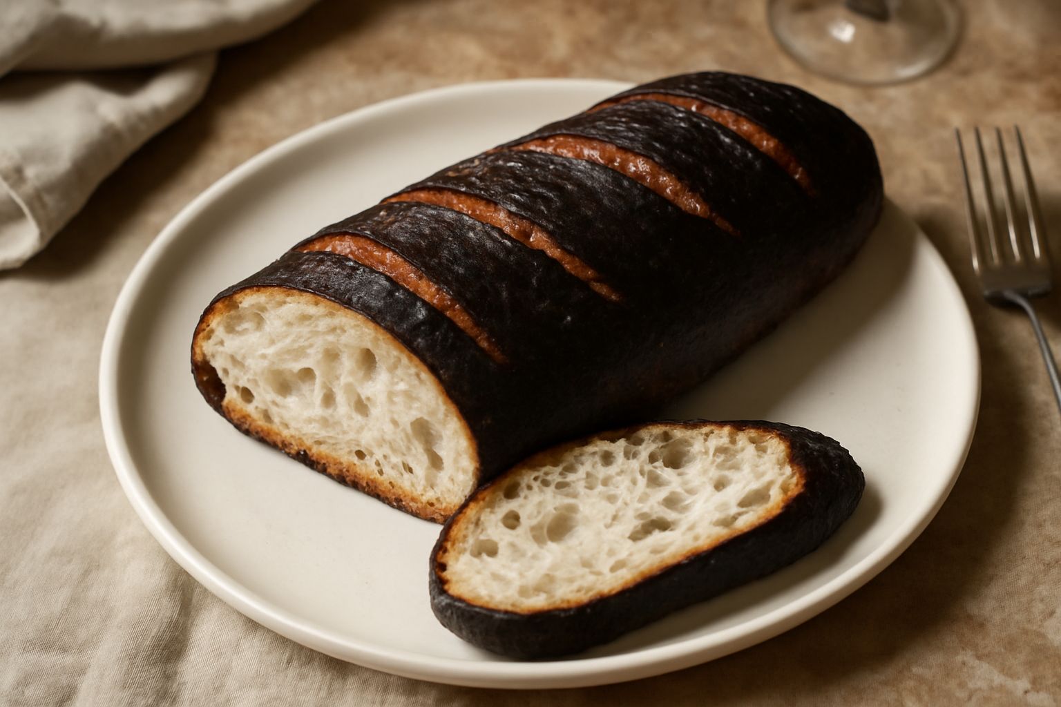 Filone di pane toscano cosentino appena sfornato, con crosta scura screpolata, tagliato a fette su un tagliere di legno, con interno bianco e alveoli uniformi, accanto a spighe di grano
