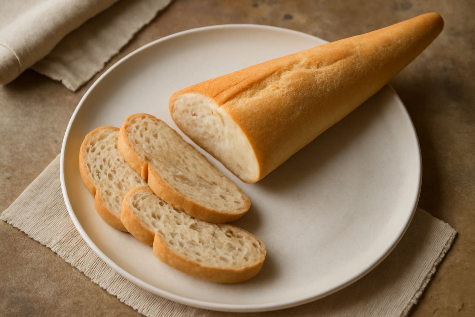Filone crotonese appena sfornato, pane lungo e dorato con crosta croccante, tagliato a fette su una tavola di legno, con miglior interno soffice visibile