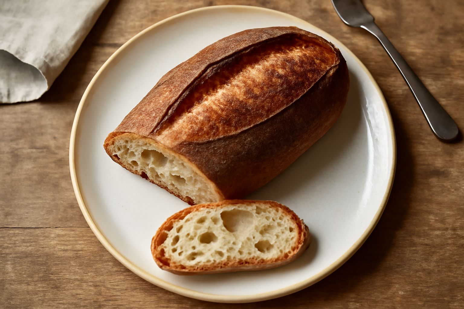 Un filone di pane toscano a forma di coperta, con crosta dorata e screpolature naturali, tagliato a metà per mostrare la mollica alveolata bianca e morbida, su superficie in legno