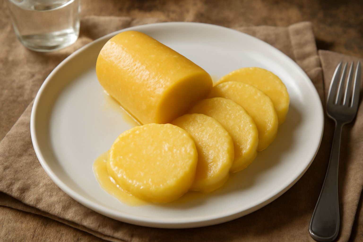 Filone di polenta a fette su un piatto bianco, color giallo oro, con mantecatura lucida di burro, contorni di formaggio grattugiato e ragù di carne in piccolo bicchiere accanto
