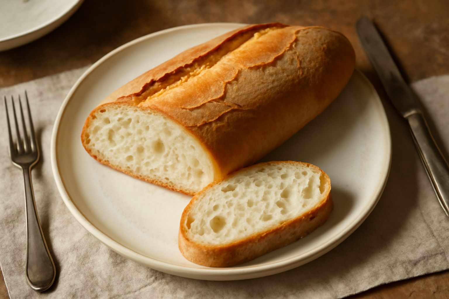 Filone fermano appena sfornato, pane toscano oblungo con crosta dorata e screpolature naturali, tagliato a fette su un tagliere di legno