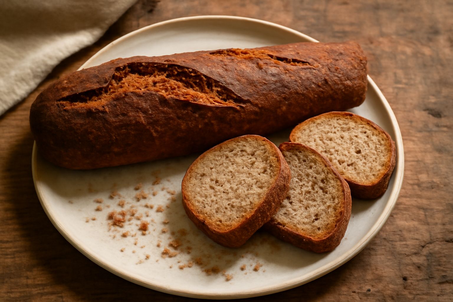 Filone integrale appena sfornato, crosta marrone scuro con screpolature naturali, sezione trasversale che mostra mollica beige con porosità regolare, appoggiato su tavolo di legno con poca farina resi
