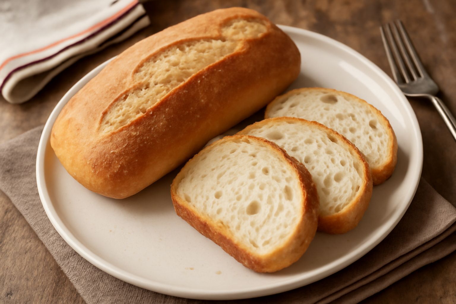 Filone pescarese appena sfornato su tavolo di legno, forma allungata e bassa, crosta dorata e screpolata, fetta di pane con mollica bianca e porosa, tazza di caffè accanto