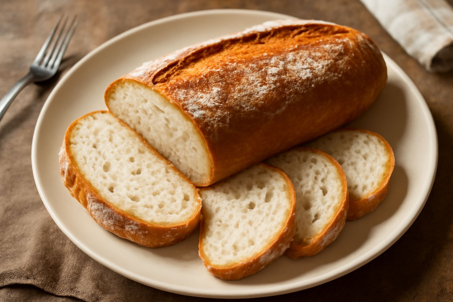 Un filone di pane toscano appena sfornato, dorato in superficie con crosta screpolata, tagliato a fette su un tagliere di legno, con la mollica bianca e alveolata visibile nella sezione