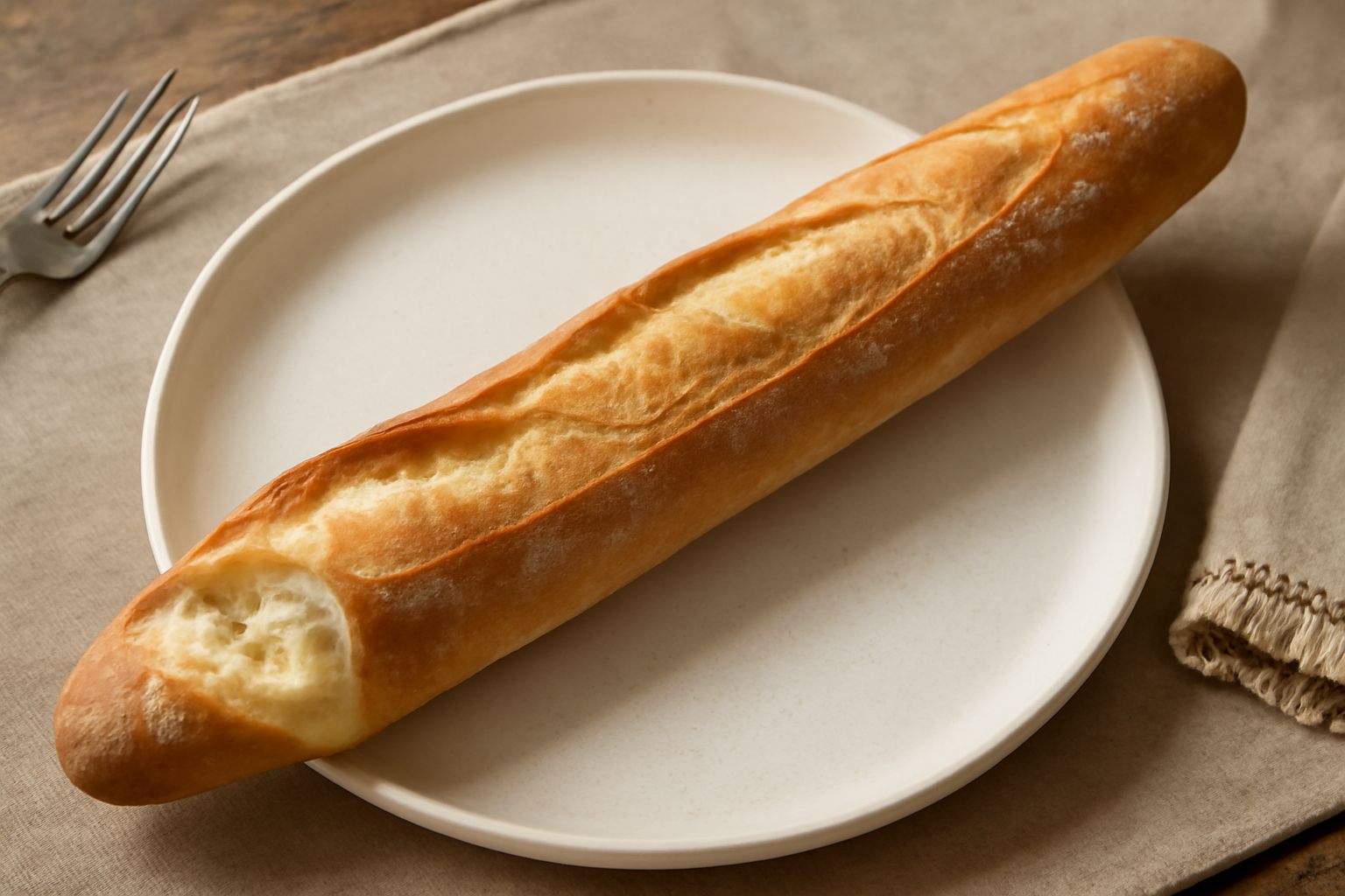 Filone romano dorato con crosta croccante, tagliato a metà per mostrare la mollica bianca e soffice, su un tagliere di legno con alcuni chicchi di grano sparsi