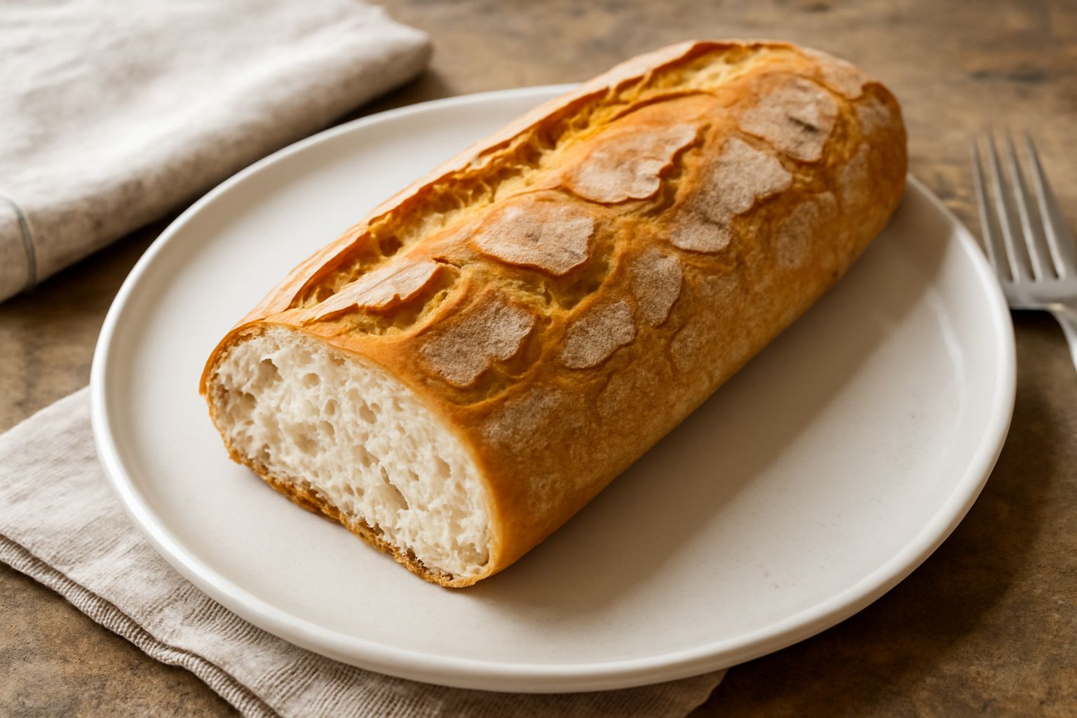 Filone rustico tagliato obliquo con crosta dorata e screpolata, migletta bianca omogenea, appoggiato su lino color panna con chicchi di grano