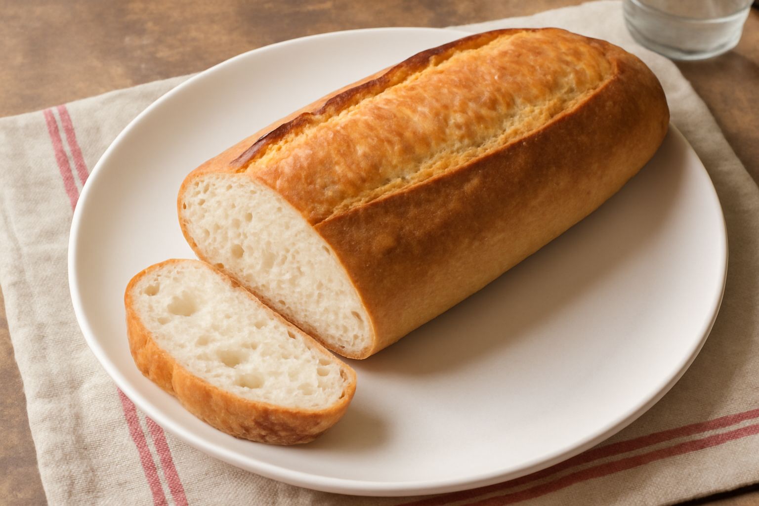 Filone toscano appena sfornato, pane di forma allungata con crosta dorata e screpolature, tagliato a metà per mostrare la mollica bianca e soffice all'interno