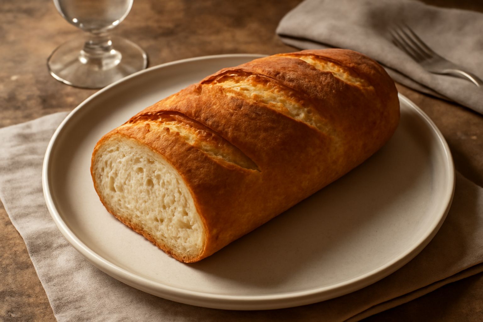 Un filone di pane toscano lucano appena sfornato, crosta dorata e screpolata, tagliato a fette che mostrano una mollica compatta e porosa, disposto su un tavolo di legno con spighe di grano