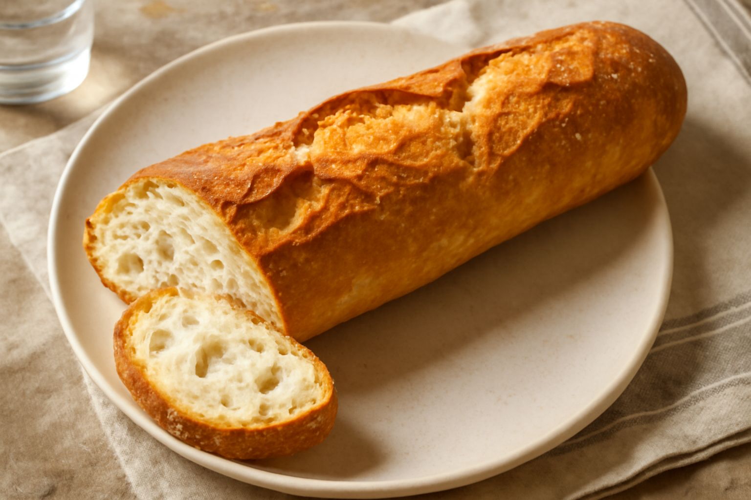 Filone di pane lungo dorato con crosta croccante irregolare, tagliato obliquamente in fette, miga bianca e soffice con alveoli visibili, su tagliere di legno con qualche briciola