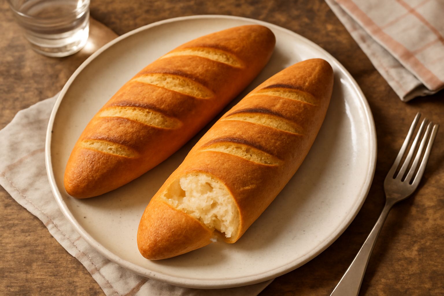 Tre filoni di semola dorati e croccanti su una carta da forno bianca, con tagli paralleli ben definiti sulla superficie e una mollica color avorio visibile nel taglio longitudinale
