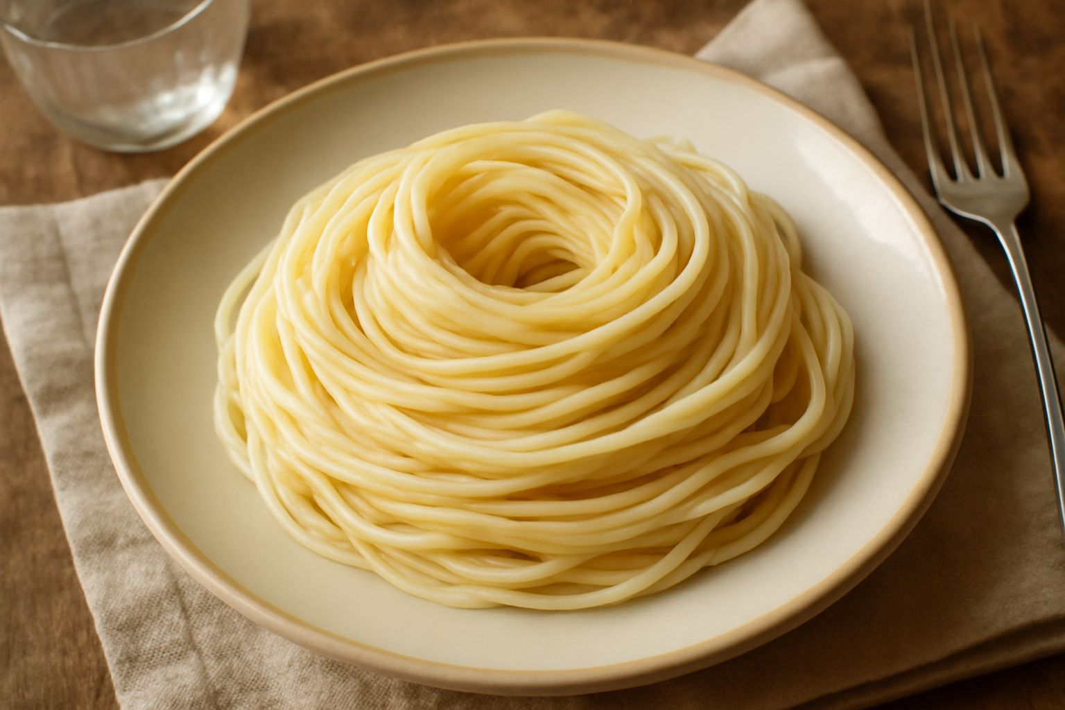 Filu e ferru cotto in piatto bianco con sugo di pomodoro e basilico, pasta sottile a forma di lunghi fili arrotolati, vapore leggero dalla superficie, contorno con pane tostato