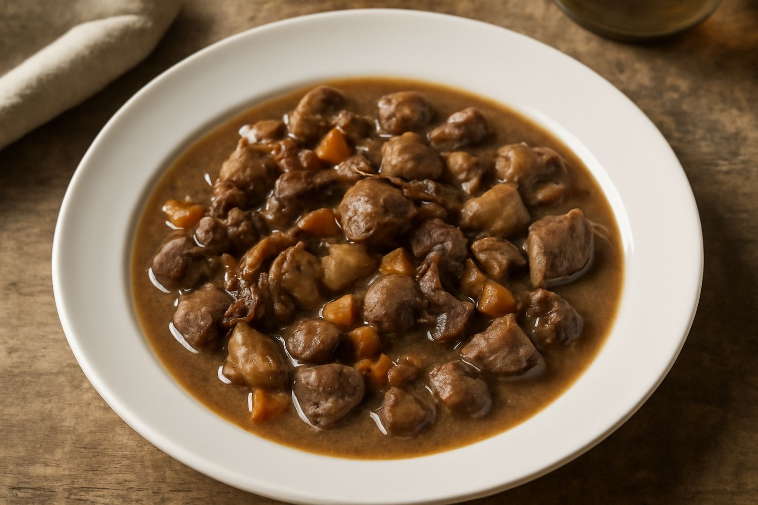 Finanziera servita in piatto fondo bianco: pezzi di carne scura e frattaglie in salsa marrone scuro, guarnita con prezzemolo fresco, con sfondo di tovaglia bianca e cucchiaio argentato
