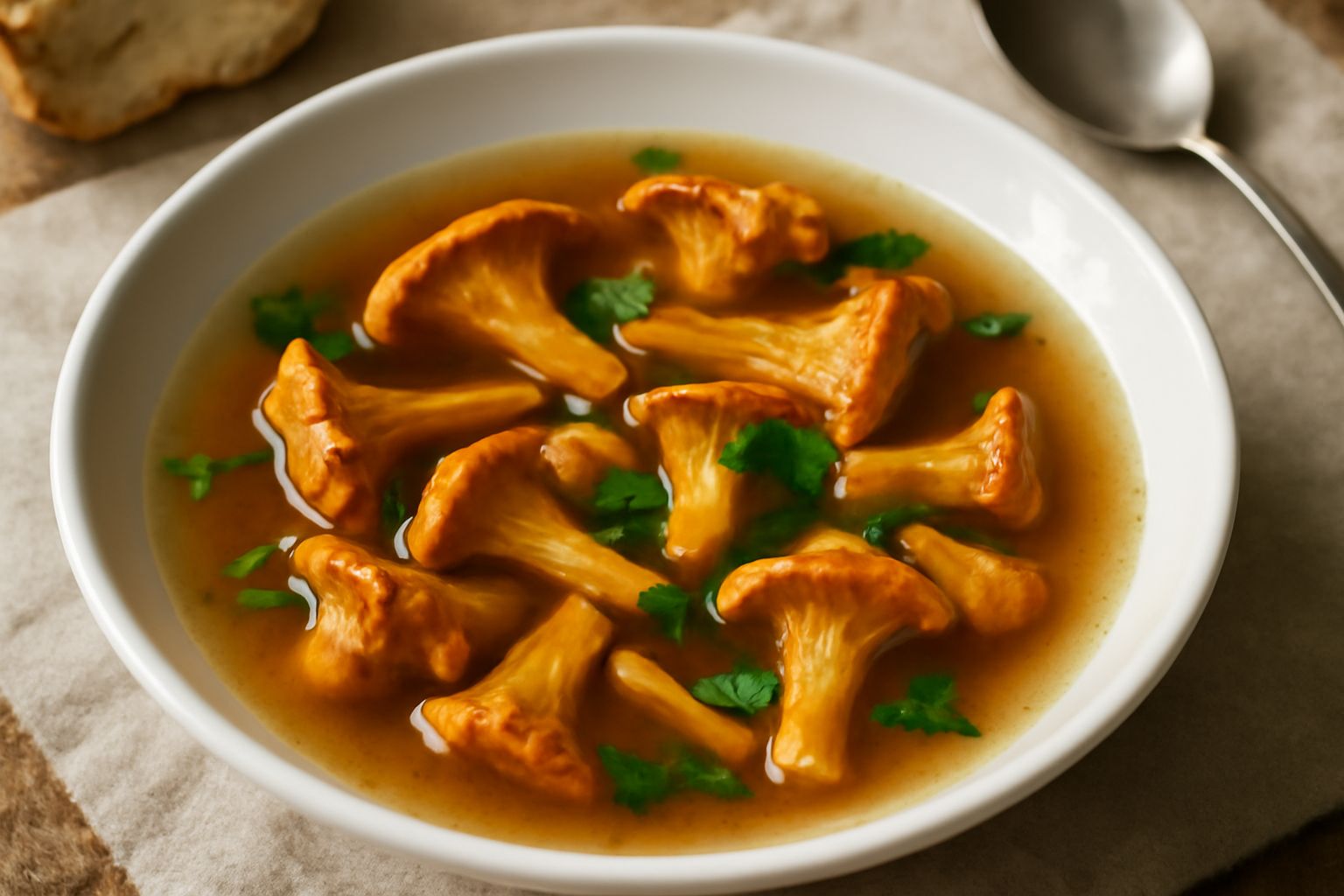 Ciotola di ceramica bianca con finferli gialli e arancioni in brodo caldo, accompagnati da prezzemolo fresco e crostini di pane integrale sul bordo