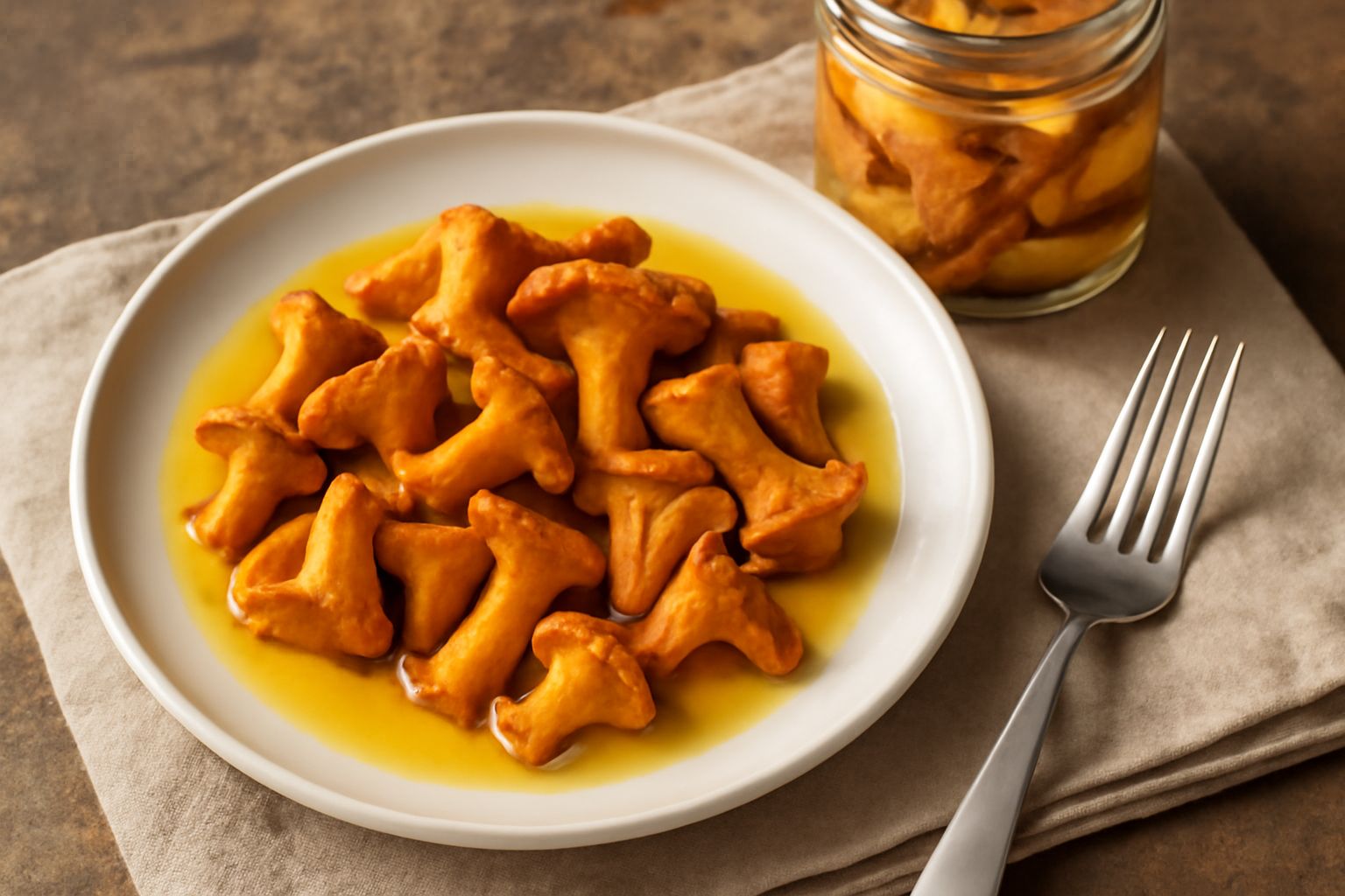 Vasetto di vetro trasparente con finferli gialli e arancioni immersi in olio extravergine dorato, su sfondo chiaro, con alcuni finferli freschi accanto al vasetto