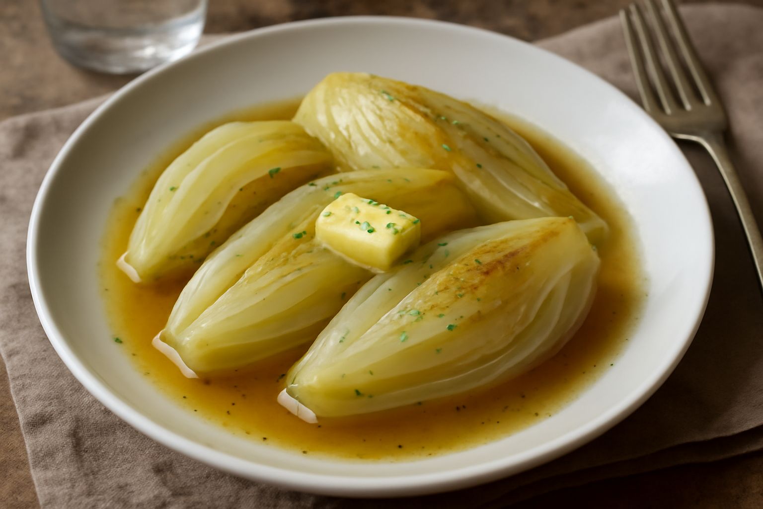 Finocchi brasati dorati e teneri disposti nel piatto di ceramica bianca, bagnati di brodo con una noce di burro, foglie di finocchio verde scuro ancora attaccate, contorno con pane tostato