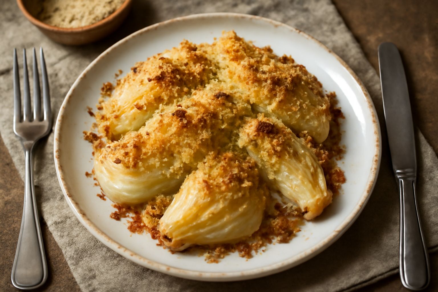 Finocchi gratinati in pirofila da forno, dorati e croccanti in superficie, con erbe aromatiche fresche e una crosta di formaggio fuso, contorni di piatto bianco in fondo sfocato