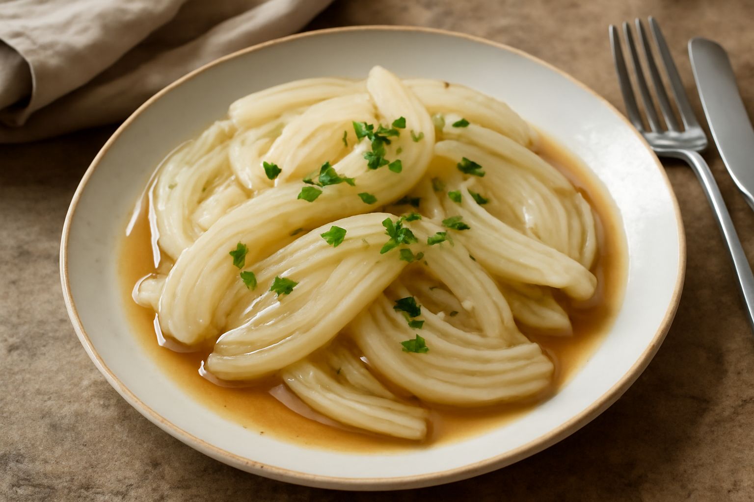 Finocchi tagliati a fette sottili, traslucidi e lucidi, immersi in un liquido limpido leggermente ambrato, guarniti con una grattata di scorza di limone e qualche chicco di pepe nero, in una ciotola d