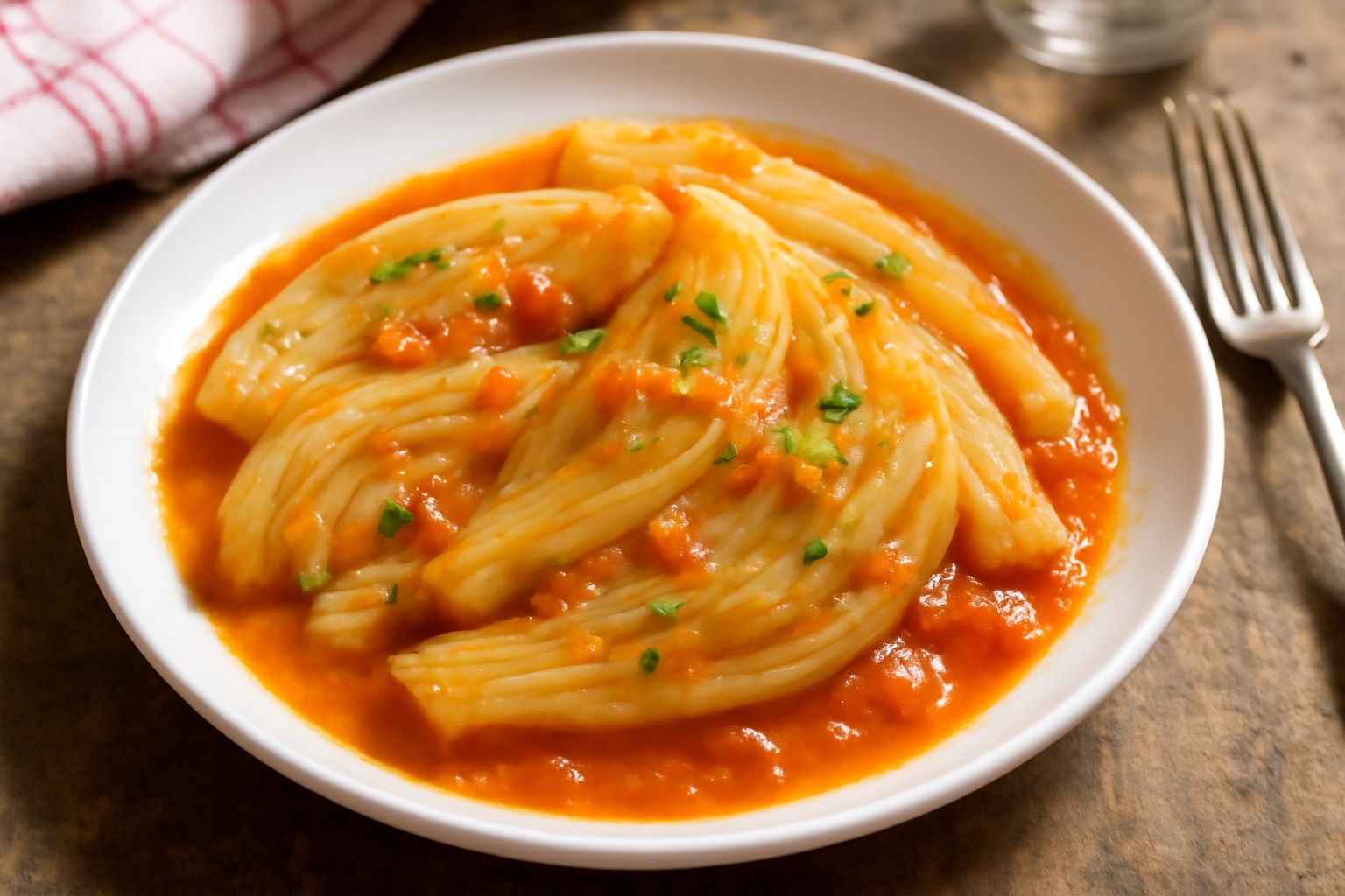 Finocchi affettati e morbidi in umido su un piatto bianco, coperti di salsa rossa delicata, guarniti di prezzemolo fresco, con cipolla dorata visibile nel sugo