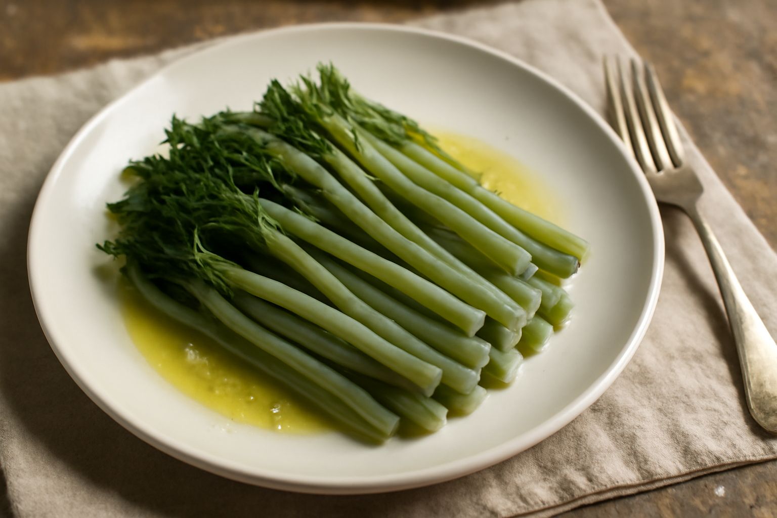 Piatto bianco con finocchi selvatici bolliti verdi e teneri, conditi con olio d'oliva dorato e sale marino, su tavolo di legno rustico con una ciotola di sale grosso accanto
