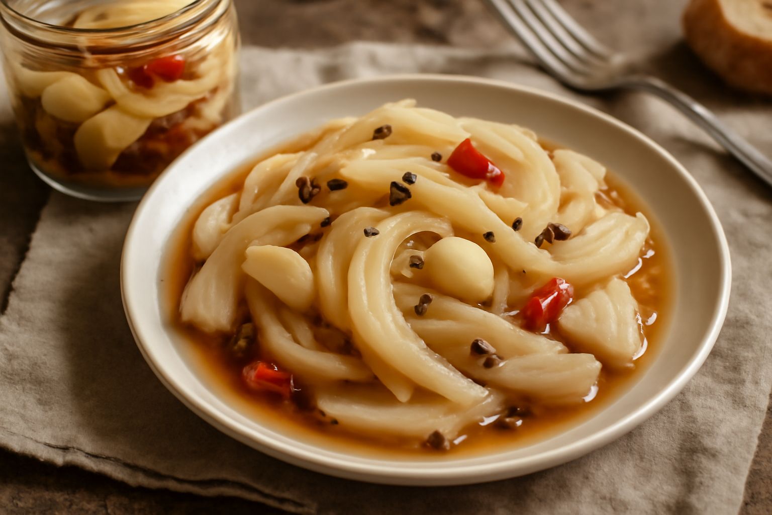 Finocchi sott'aceto in vaso di vetro trasparente, fettine bianche e tenere immerse in liquido giallo ambrato, con peperoncini rossi interi e aglio spicchi visibili fra le fette, sfondo neutro grigio c