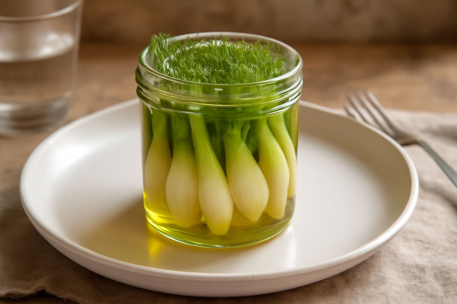 Vasetto di vetro con finocchietti selvatici verdi e bianchi immersi in olio dorato, disposti verticalmente, con foglie fresche di finocchio selvatico adagiate sopra e sfondo neutro