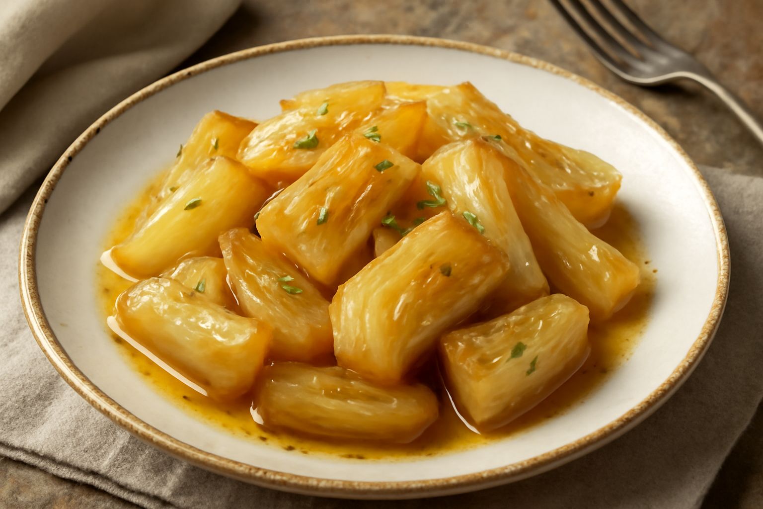 Finocchietto in agrodolce servito in piatto bianco con pezzi di finocchio traslucidi color avorio e oro, glassati di liquido caramellato, con un filo di olio e grani di sesamo bianco