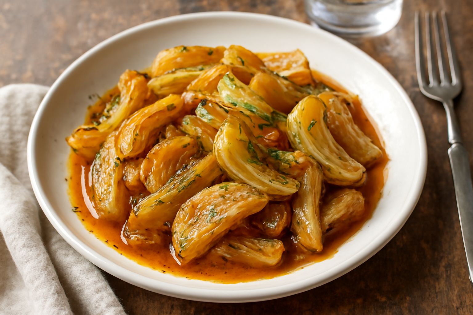 Finocchi tagliati in striscie gialle e bianche in una ciotola di ceramica bianca con salsa agrodolce lucida che li ricopre parzialmente