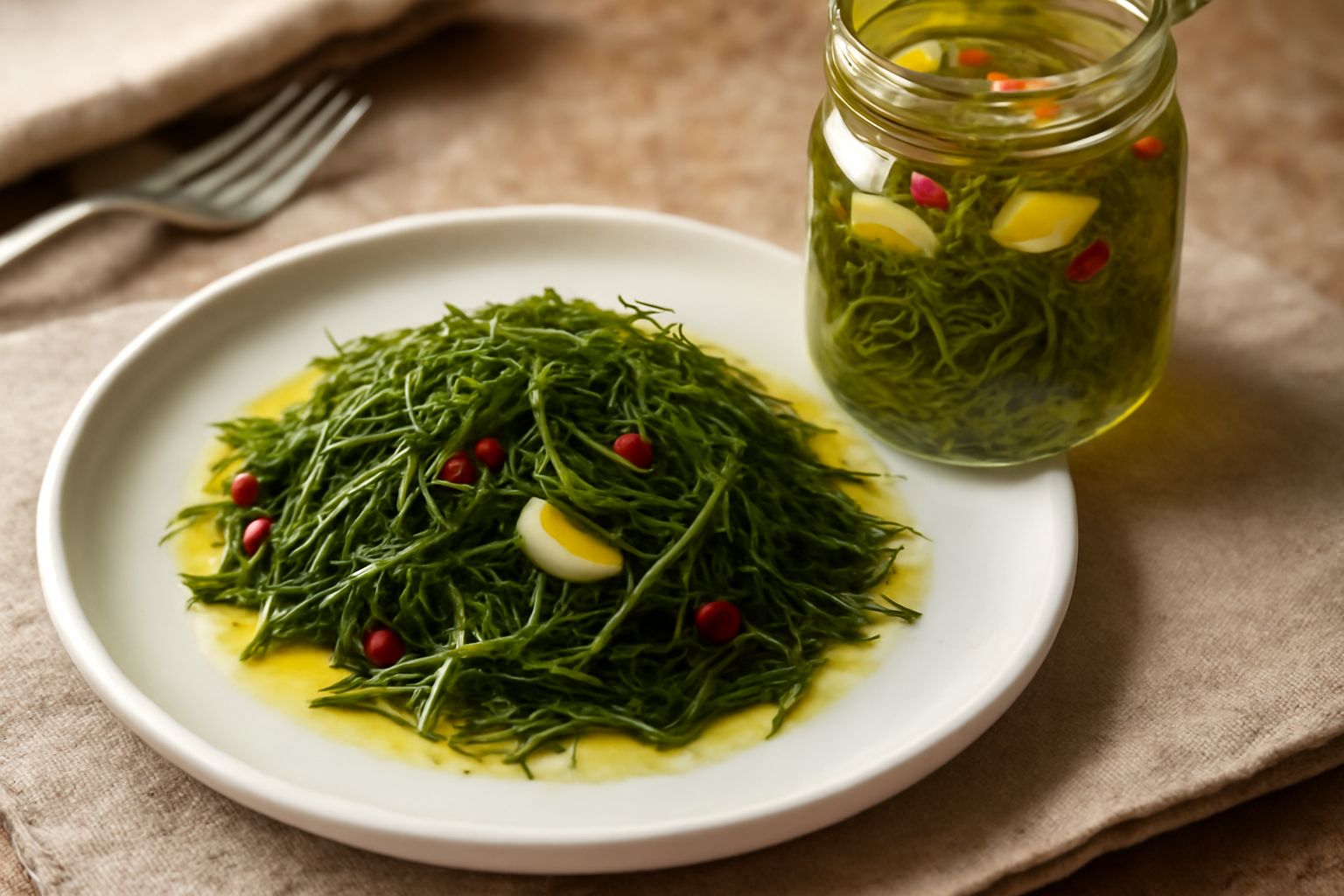 Vasetto di vetro con finocchietto selvatico verde e rametti di fresco immersi in olio dorato, con spicchi d'aglio visibili e peperoncini rossi, sfondo di legno rustico