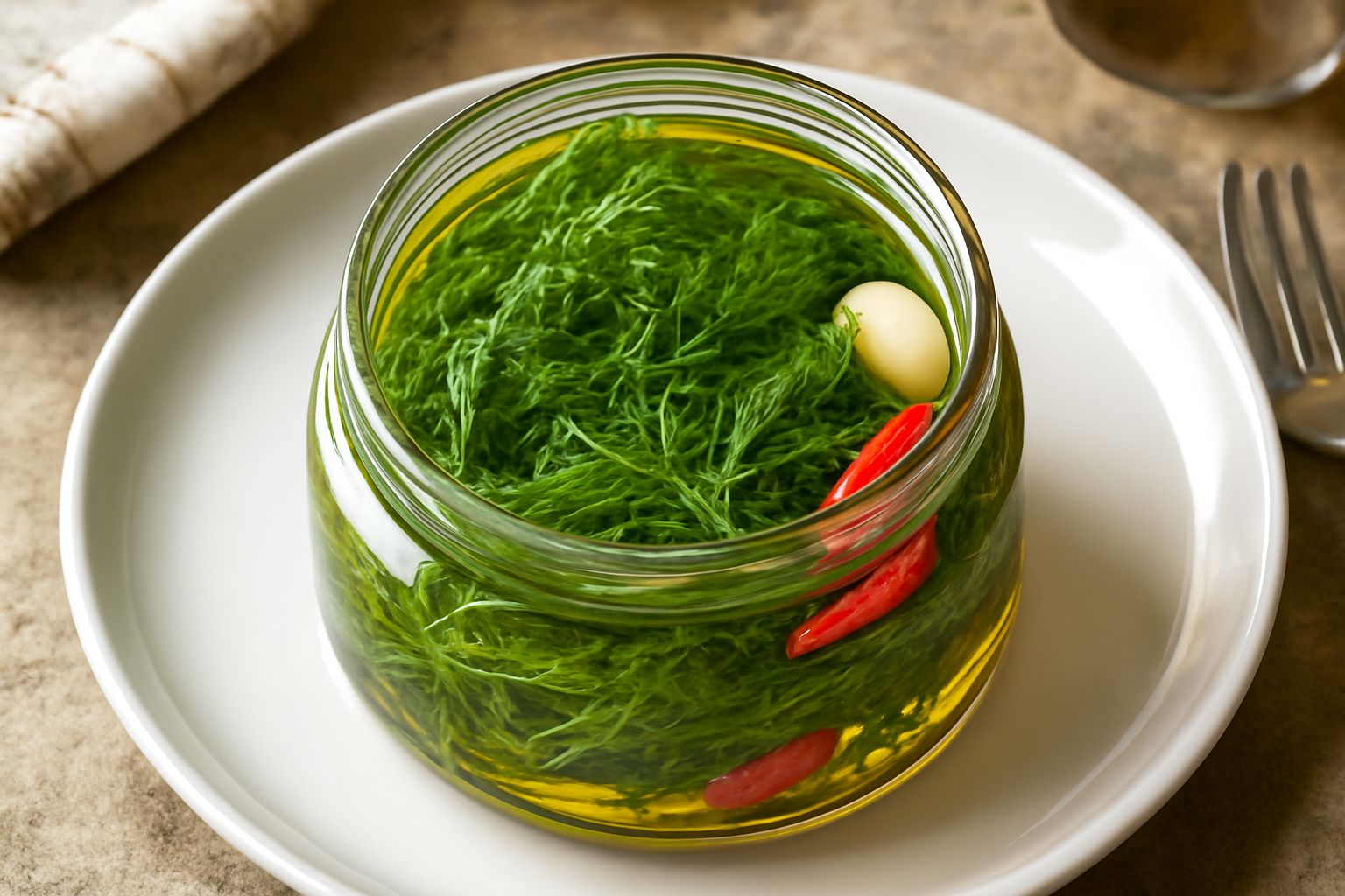 Vasetto di vetro con finocchietto verde tenero immerso in olio dorato trasparente, guarnito da spicchi d'aglio e peperoncini rossi, su tavolo di legno chiaro con foglie di finocchietto fresco accanto