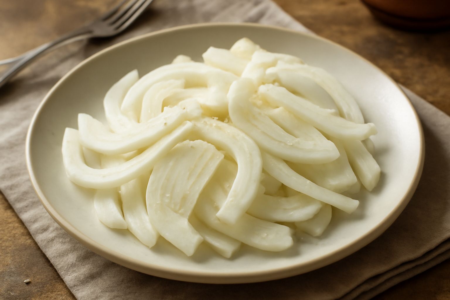 Piatto bianco con fette sottili di finocchio bianche e croccanti, ordinate in cerchio, condite con un filo di olio verde, scaglie di limone giallo e pochi grani di sale marino grigio, sfondo grigio ch