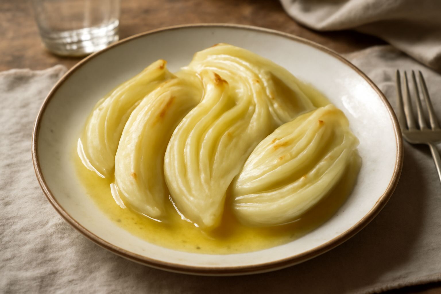 Spicchi di finocchio dorati e teneri in padella, bagnati di burro fuso, guarniti con un rametto di prezzemolo fresco, fondo bianco