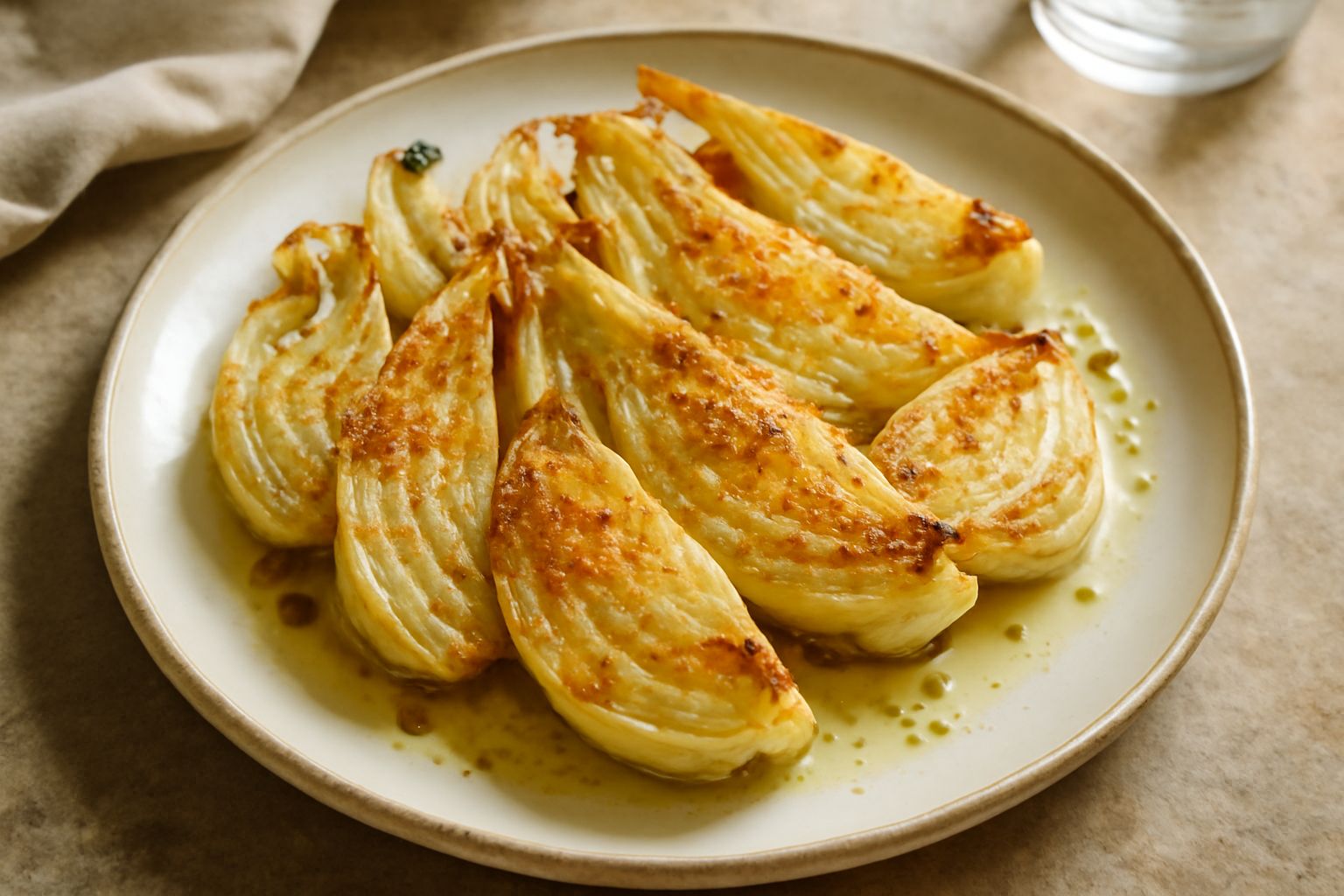 Finocchi tagliati a metà disposti in una teglia da forno, leggermente anneriti ai bordi, ricoperti di grana padano grattugiato, con gocce di olio d'oliva lucenti sulla superficie