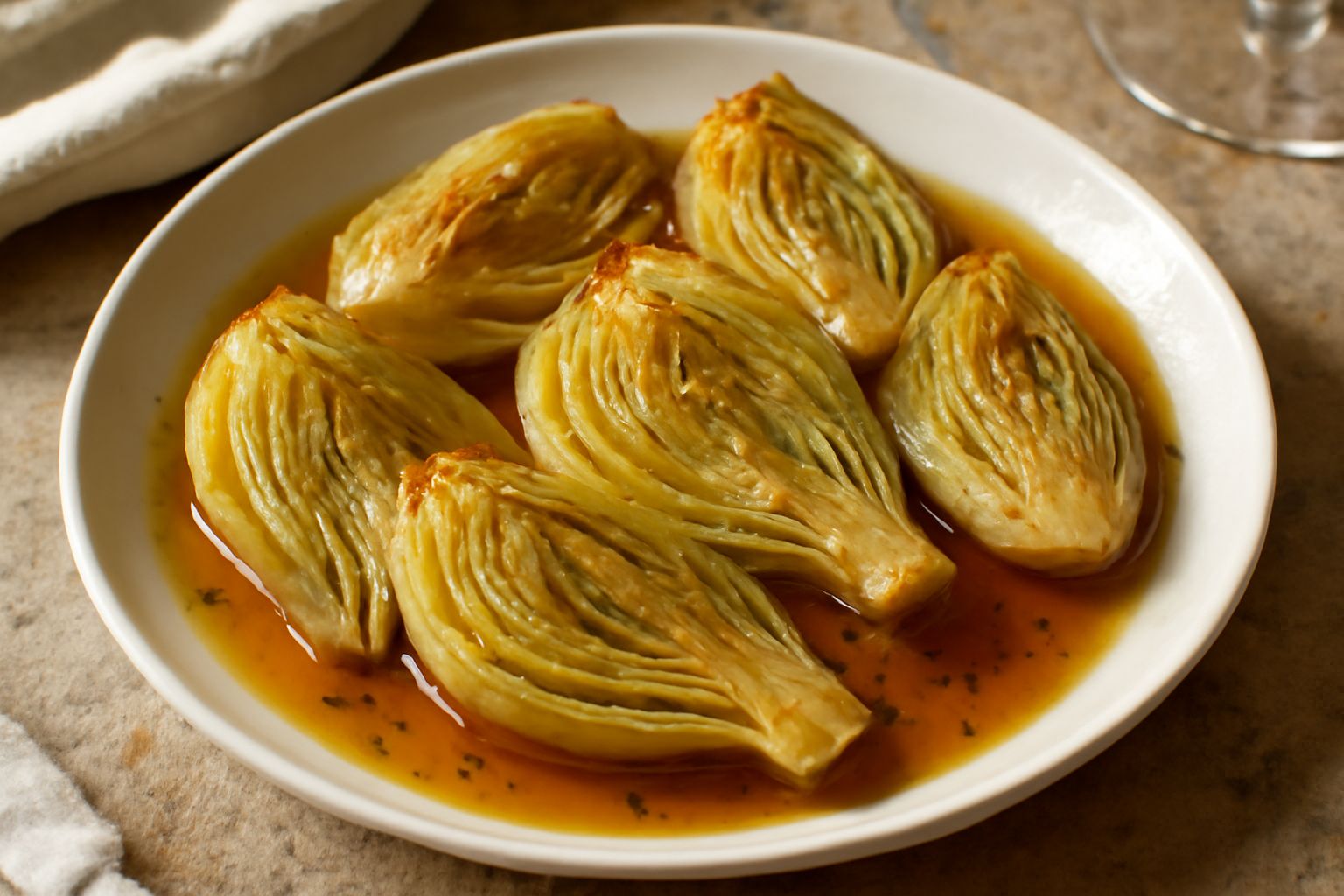 Finocchi braised tagliati a metà, dorati in superficie, disposti in un piatto bianco con il liquido di cottura color ambra, guarniti con prezzemolo fresco e un filo di olio d'oliva