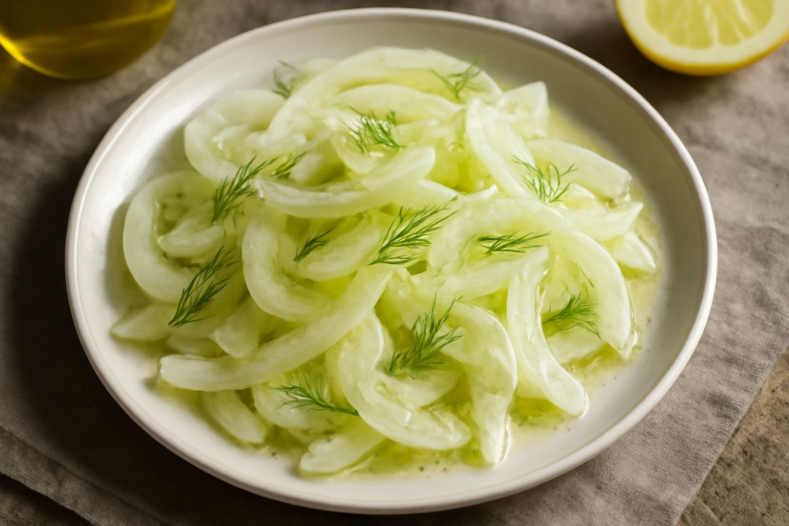 Piatto bianco con fette sottili di finocchio crudo, olio d'oliva lucido, limone fresco e sale marino, finocchio intero accanto con fronde verdi