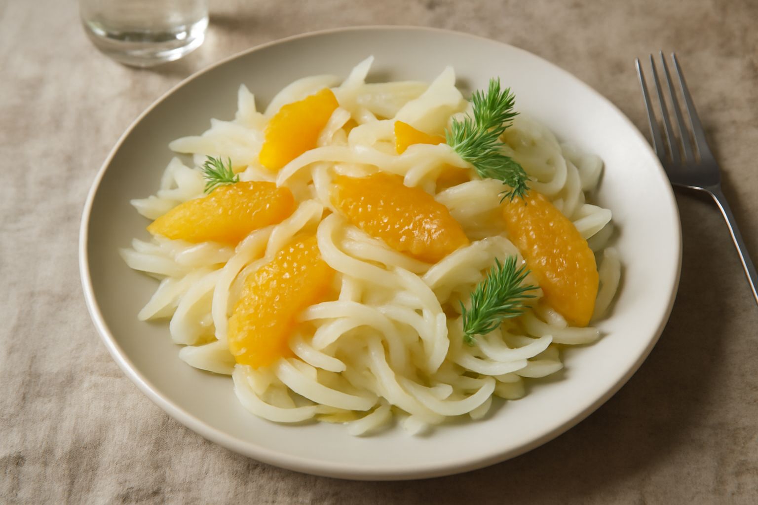 Insalata di finocchio bianco affettato sottile e spicchi di arancia disposti nel piatto, con foglie di finocchio verdi di contorno, condimento limpido, su fondo neutro