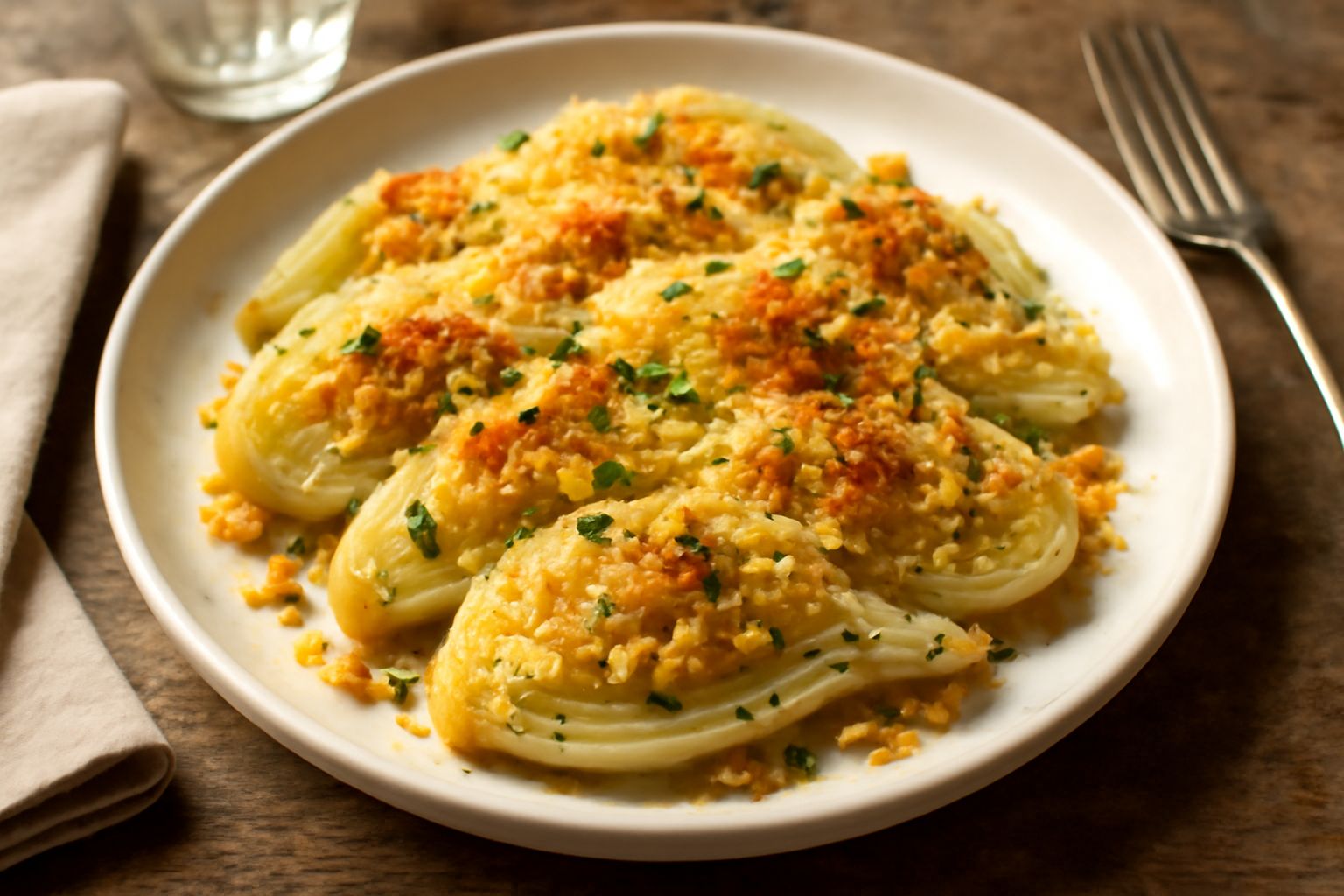 Finocchi gratinati in pirofila di ceramica bianca, doratura dorata croccante in superficie, vapore caldo appena sfornato