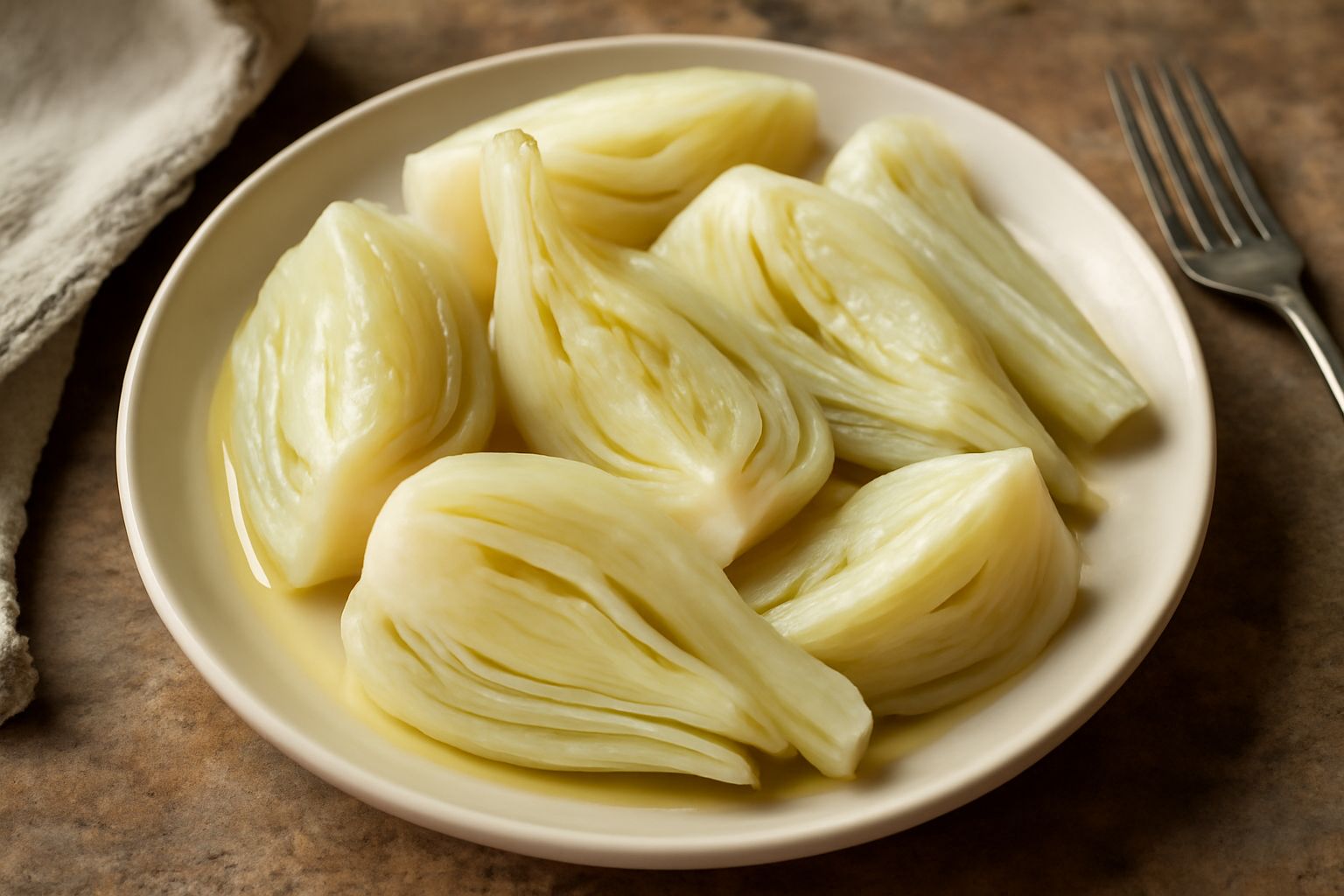 Finocchio lessato intero e candido su piatto bianco, tagliato a metà longitudinale, con gocce di acqua, condito con filo d'olio e sale grosso, contorno di prezzemolo fresco