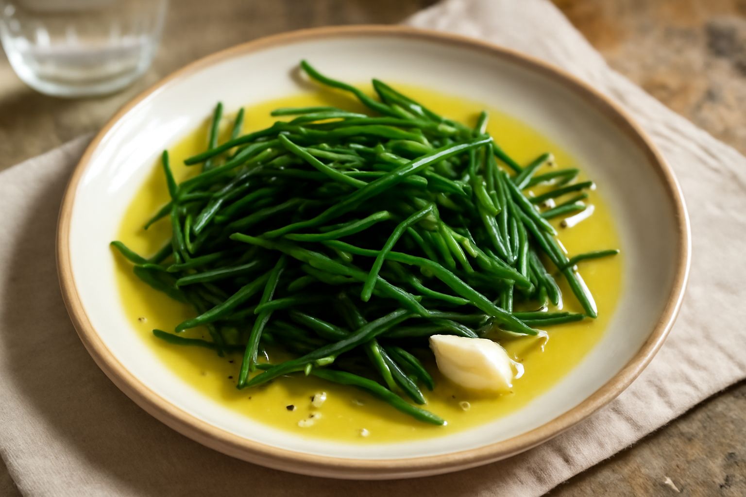 Vasetto di vetro con finocchio marino verde smeraldo immerso in olio trasparente, con aghi sottili e rametti intatti, fondo di sale visibile, etichetta bianca sulla spalla