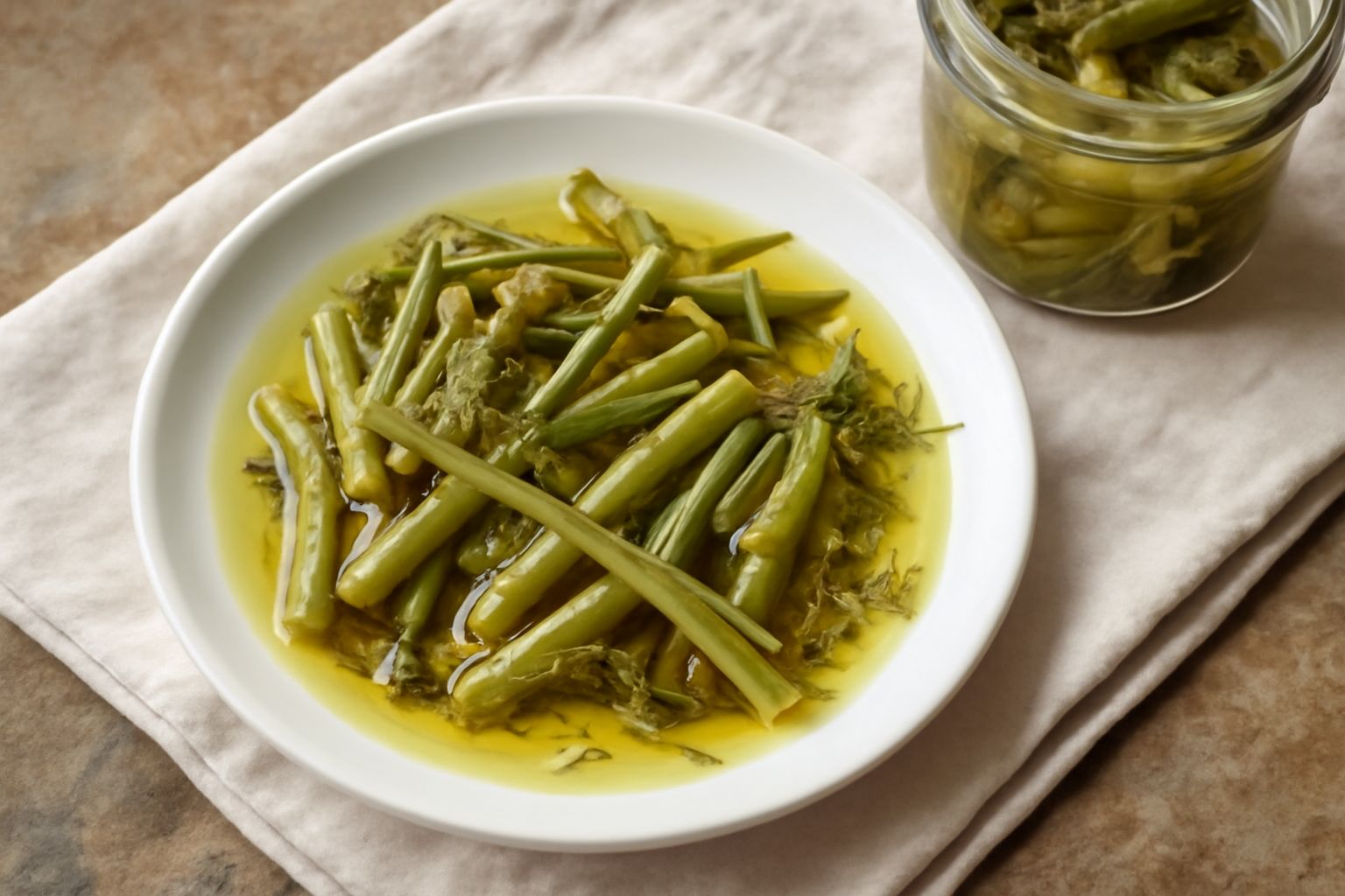 Vasetto di vetro con finocchio selvatico verde e bianco sott'olio, visibile lo stelo croccante e i semi gialli, olio trasparente intorno, etichetta bianca sul fianco, sfondo di legno naturale