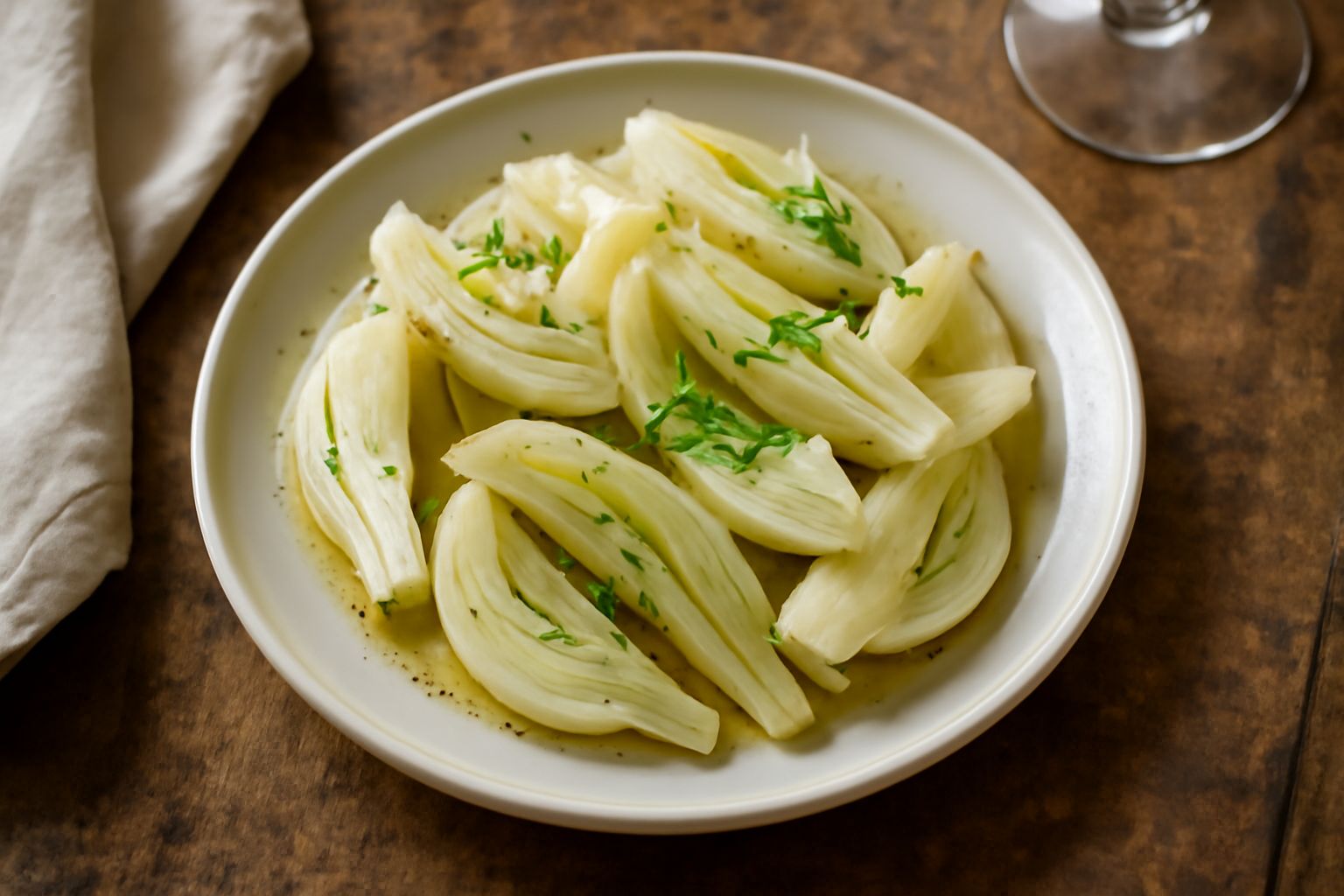 Barattoli di vetro con finocchio tagliato a spicchi immerso in liquido trasparente ambrato, con spicchi di aglio e grani di pepe nero visibili, su fondo bianco