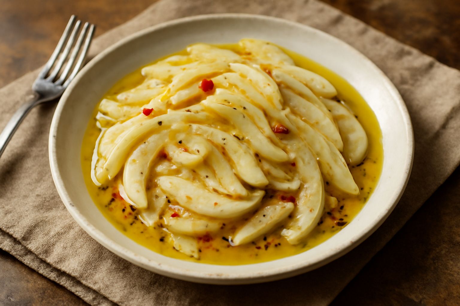 Barattolo di vetro con finocchio in fettine bianche e gialle coperto d'olio trasparente, aglio e peperoncino rosso visibili tra i pezzi, sfondo neutro grigio chiaro