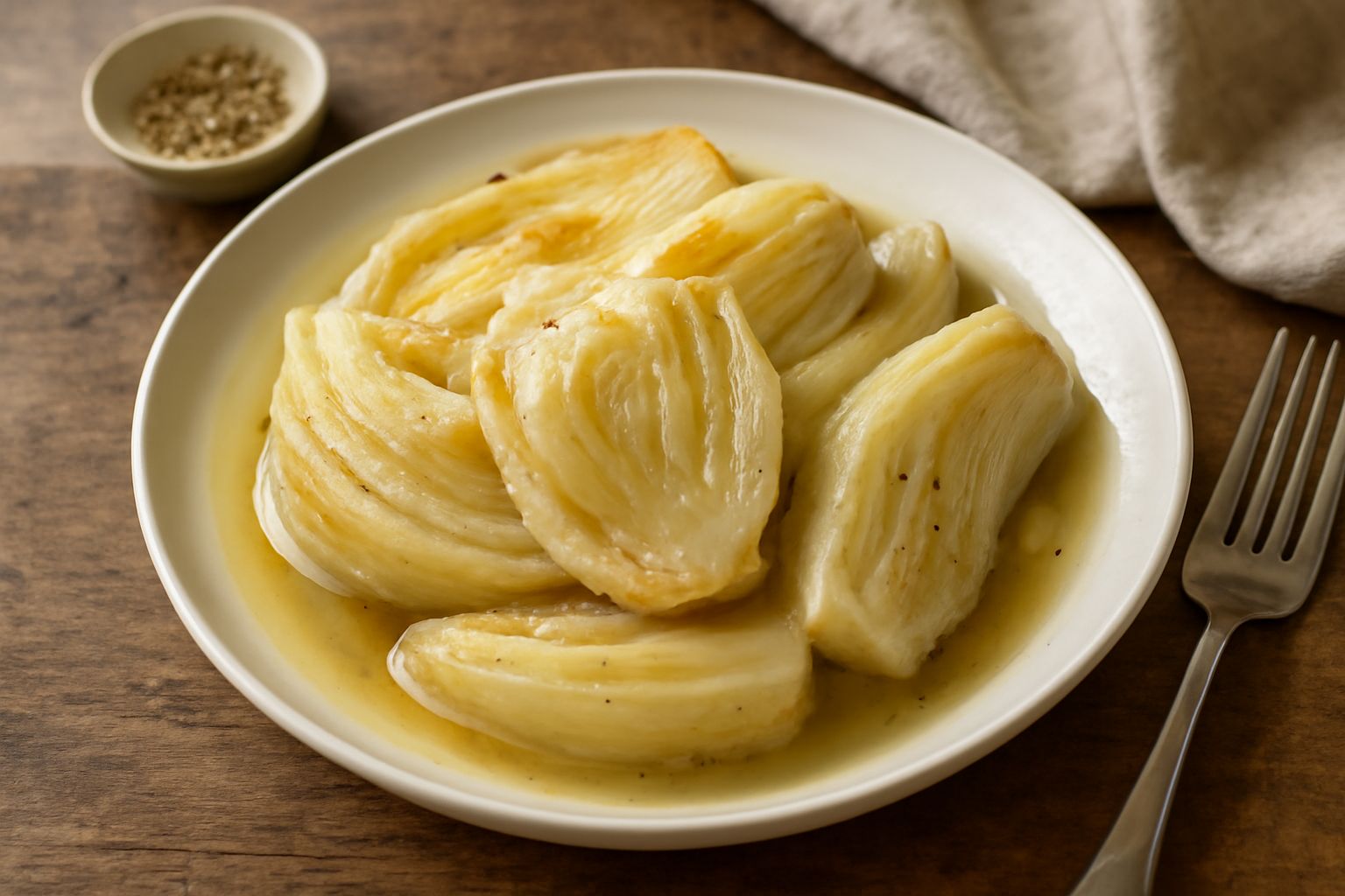 Finocchi stufati in un piatto bianco, tagliati a metà, color bianco avorio, leggermente dorati ai bordi, con umido trasparente, guarniti di prezzemolo fresco verde