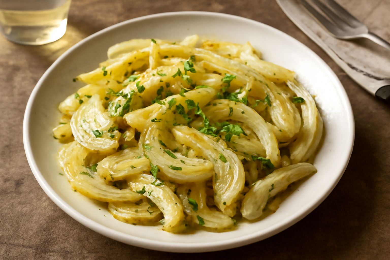Finocchio bianco affettato sottile in padella calda con aglio e peperoncino, vapore che esce dal bordo, fondo scuro di padella in ferro