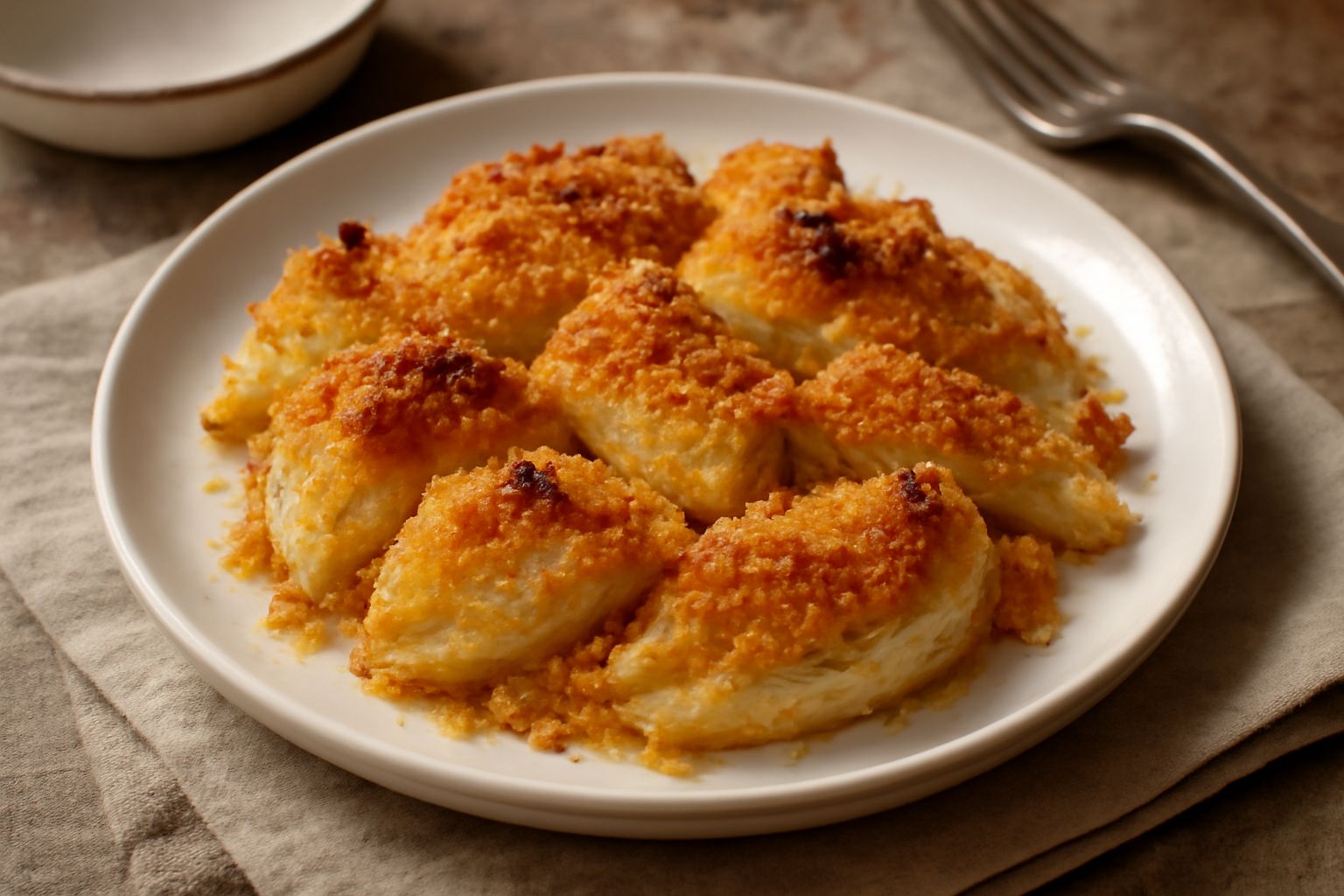 Finocchioni dorati al forno in una pirofila bianca, ricoperti di pangrattato croccante color ambra, con formaggio filante in cima, contorno di prezzemolo fresco verde