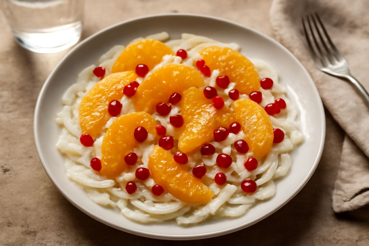 Insalata di finnocchio bianco affettato sottile e spicchi di arancia fresca, presentata in una ciotola bianca larga con olio extravergine brillante, semi di melograno rossi e qualche fogliolina di men